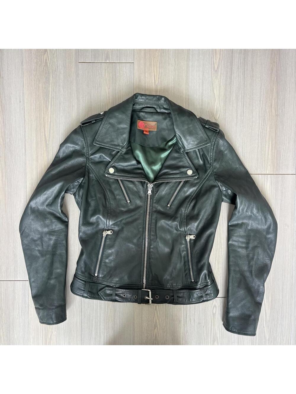 hElium Dark Green Real Leather Moto Jacket Belted Size 10